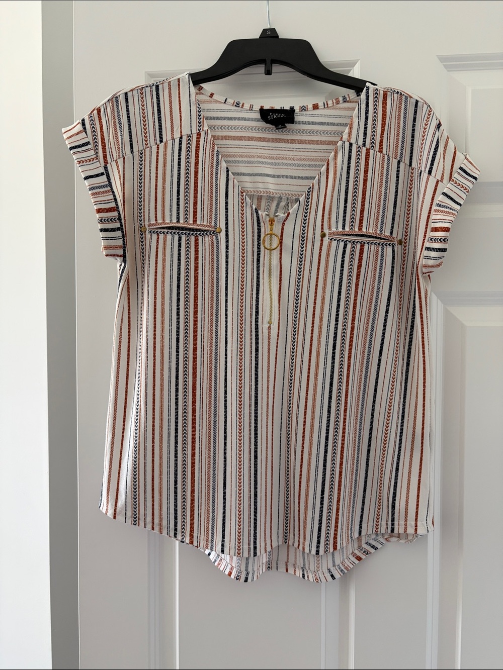 Striped V-Neck Short Sleeve Blouse with Zip Ring - White, Navy & Rust